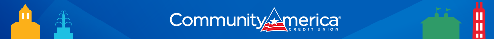 Illustration: colored campus icons on blue background with CommunityAmerica logo