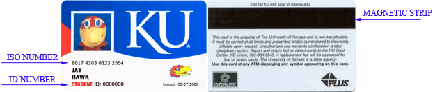 Front and back of KU Card with areas pointing to features